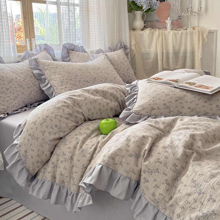 91家纺网 家纺一手货源 找家纺 库里梦家纺 2025新款韩版花边小清新色织水洗双层纱木棉四件套 小叶蔓