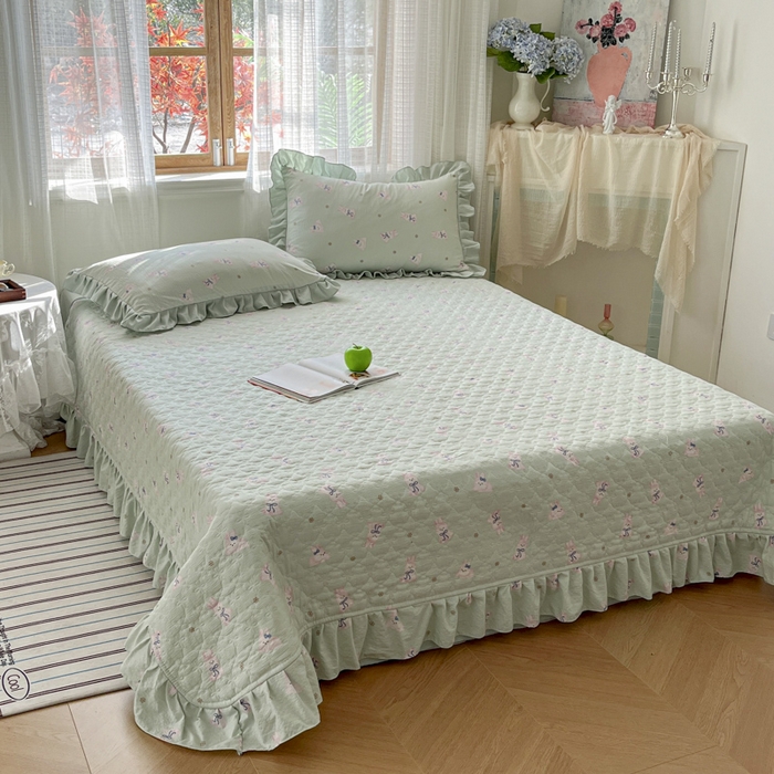 91家纺网 家纺一手货源 找家纺 库里梦家纺 2025新款韩版花边小清新色织水洗双层纱木棉四件套 花园兔