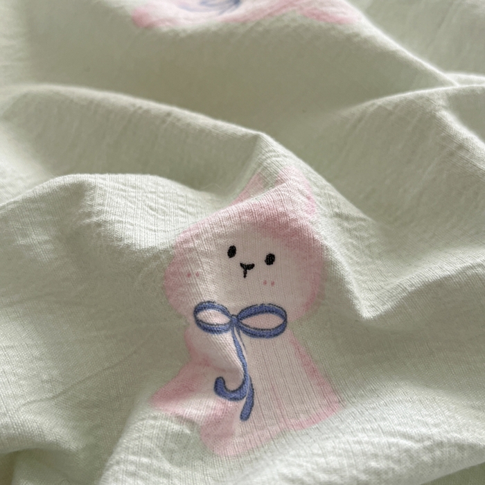 91家纺网 家纺一手货源 找家纺 库里梦家纺 2025新款韩版花边小清新色织水洗双层纱木棉四件套 花园兔