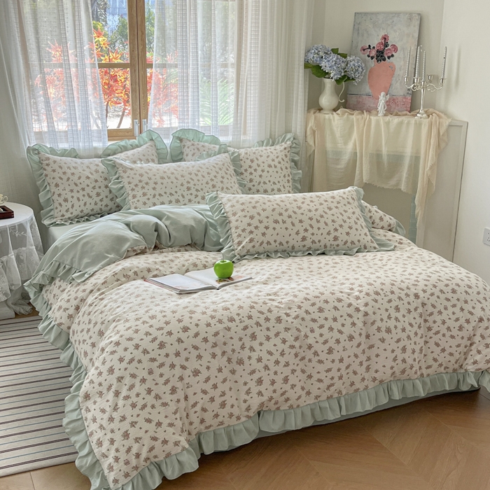 91家纺网 家纺一手货源 找家纺 库里梦家纺 2025新款韩版花边小清新色织水洗双层纱木棉四件套 语彩