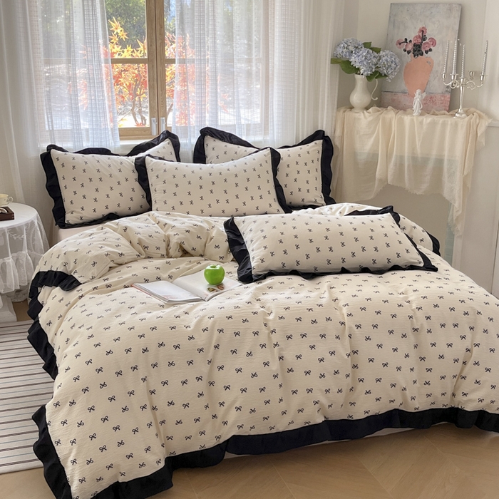 91家纺网 家纺一手货源 找家纺 库里梦家纺 2025新款韩版花边小清新色织水洗双层纱木棉四件套 蝴蝶结-奶白