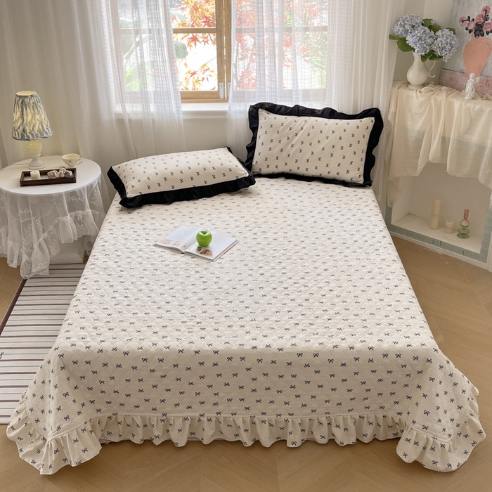 91家纺网 家纺一手货源 找家纺 库里梦家纺 2025新款韩版花边小清新色织水洗双层纱木棉四件套 蝴蝶结-奶白