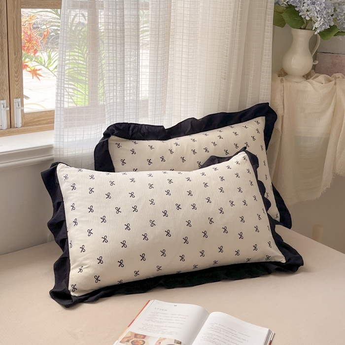 91家纺网 家纺一手货源 找家纺 库里梦家纺 2025新款韩版花边小清新色织水洗双层纱木棉四件套 蝴蝶结-奶白