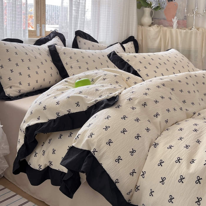 91家纺网 家纺一手货源 找家纺 库里梦家纺 2025新款韩版花边小清新色织水洗双层纱木棉四件套 蝴蝶结-奶白