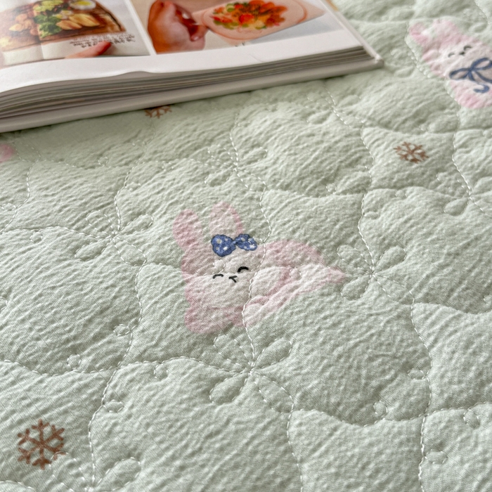 91家纺网 家纺一手货源 找家纺 库里梦家纺 2025新款韩版花边小清新色织水洗双层纱木棉四件套 花园兔