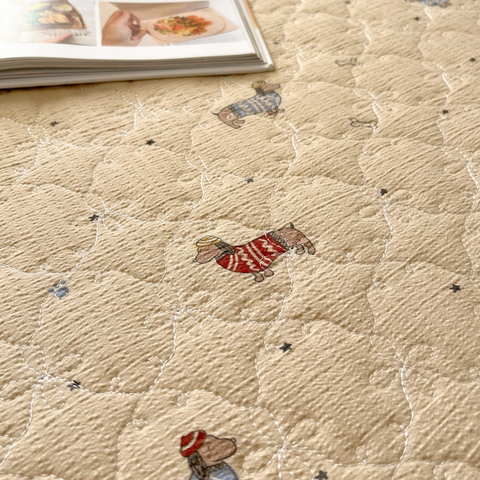 91家纺网 家纺一手货源 找家纺 库里梦家纺 2025新款韩版花边小清新色织水洗双层纱木棉四件套 腊肠犬