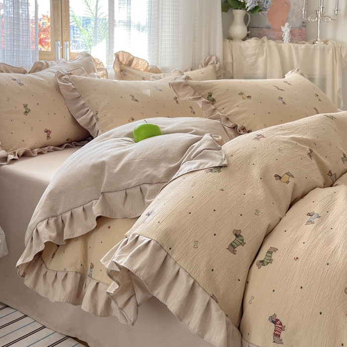 91家纺网 家纺一手货源 找家纺 库里梦家纺 2025新款韩版花边小清新色织水洗双层纱木棉四件套 腊肠犬