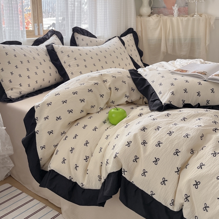 91家纺网 家纺一手货源 找家纺 库里梦家纺 2025新款韩版花边小清新色织水洗双层纱木棉四件套 蝴蝶结-奶白