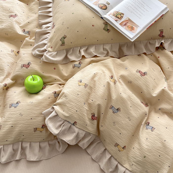 91家纺网 家纺一手货源 找家纺 库里梦家纺 2025新款韩版花边小清新色织水洗双层纱木棉四件套 腊肠犬