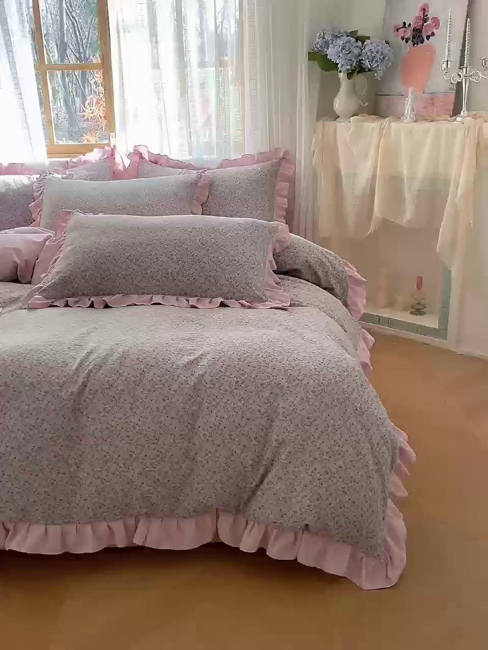 91家纺网 家纺一手货源 找家纺 库里梦家纺 2025新款韩版花边小清新色织水洗双层纱木棉四件套 华美爱恋