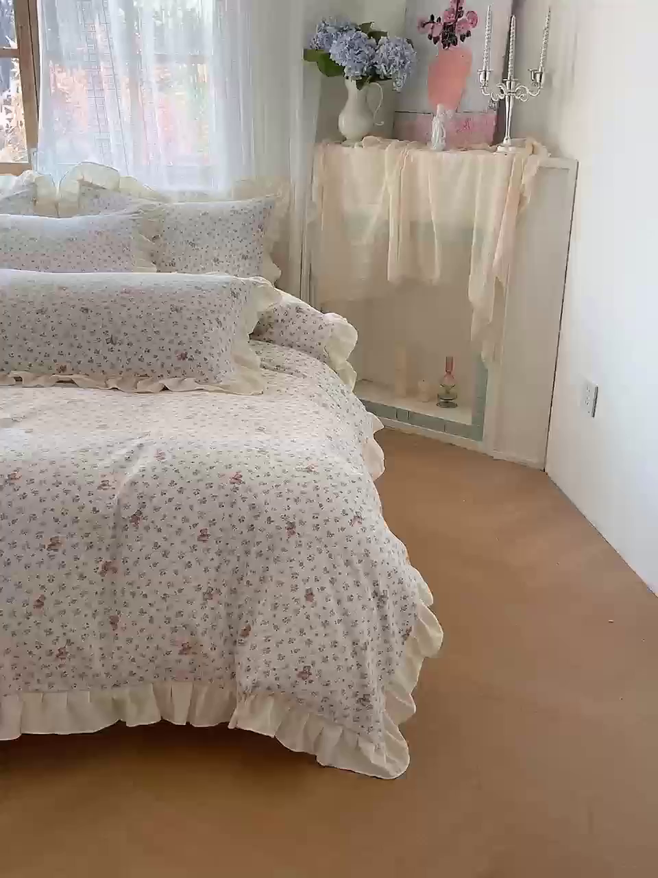 91家纺网 家纺一手货源 找家纺 库里梦家纺 2025新款韩版花边小清新色织水洗双层纱木棉四件套 南枝紫