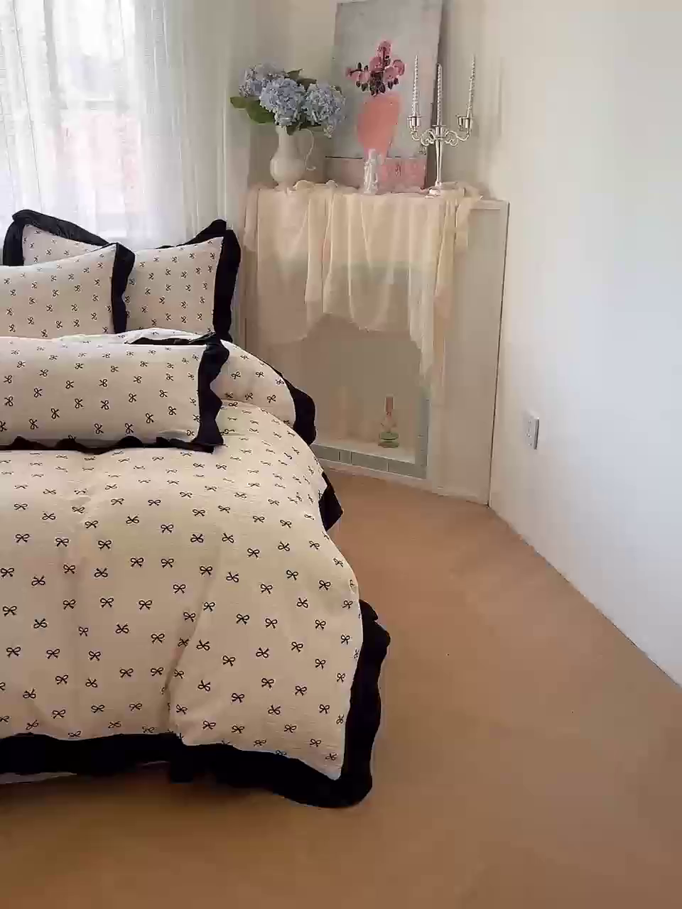 91家纺网 家纺一手货源 找家纺 库里梦家纺 2025新款韩版花边小清新色织水洗双层纱木棉四件套 蝴蝶结-奶白