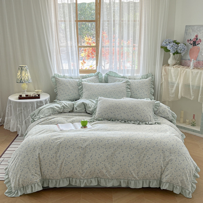 91家纺网 家纺一手货源 找家纺 库里梦家纺 2025新款韩版花边小清新色织水洗双层纱木棉四件套 莱德