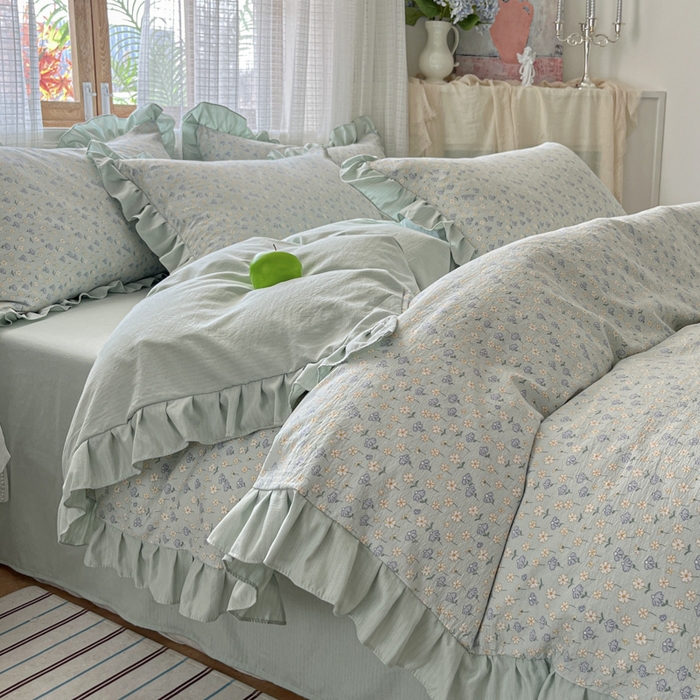 91家纺网 家纺一手货源 找家纺 库里梦家纺 2025新款韩版花边小清新色织水洗双层纱木棉四件套 莱德