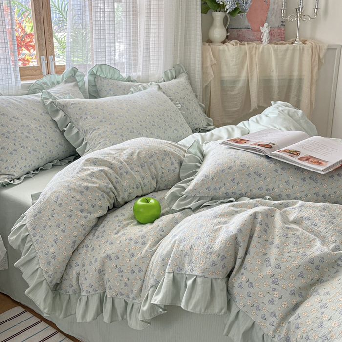 91家纺网 家纺一手货源 找家纺 库里梦家纺 2025新款韩版花边小清新色织水洗双层纱木棉四件套 莱德