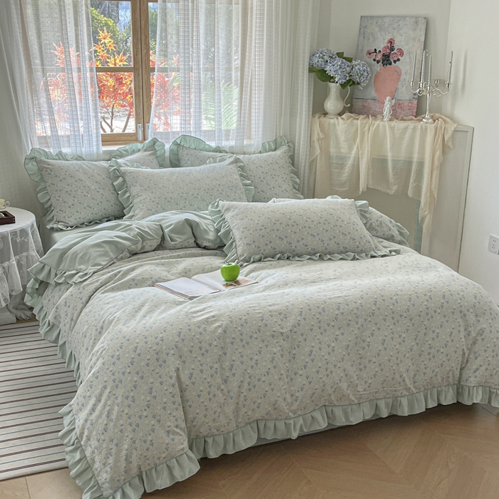 91家纺网 家纺一手货源 找家纺 库里梦家纺 2025新款韩版花边小清新色织水洗双层纱木棉四件套 莱德