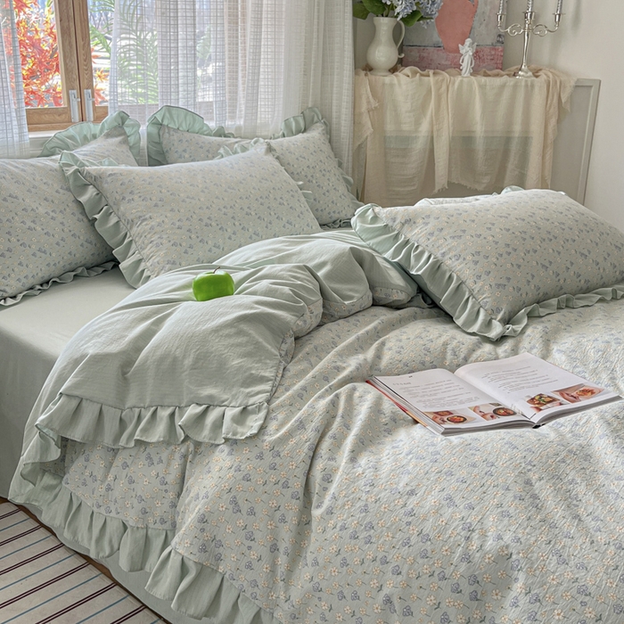 91家纺网 家纺一手货源 找家纺 库里梦家纺 2025新款韩版花边小清新色织水洗双层纱木棉四件套 莱德