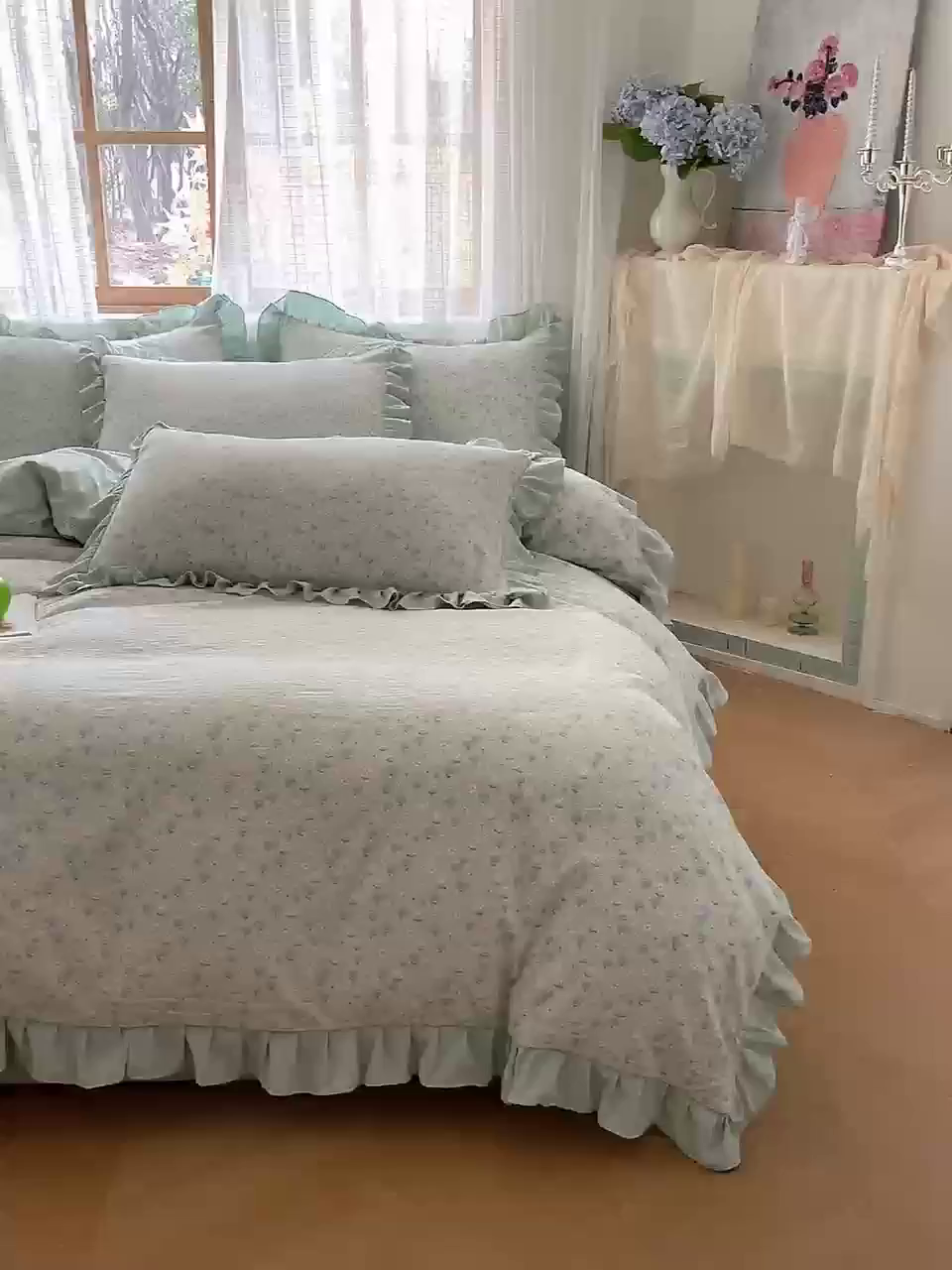 91家纺网 家纺一手货源 找家纺 库里梦家纺 2025新款韩版花边小清新色织水洗双层纱木棉四件套 莱德