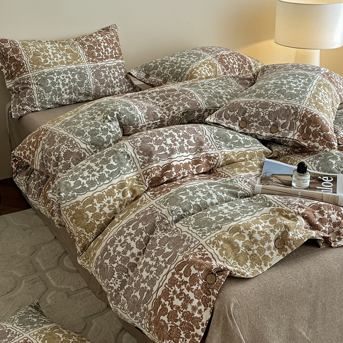 91家纺网 家纺一手货源 找家纺 仟网汇  2025新款亚麻纽扣款四件套 美好时光