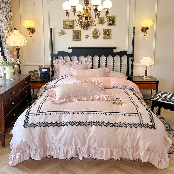 91家纺网 家纺一手货源 找家纺 网红馆（ck家纺）2025新款提花蕾丝边床裙四件套-相思蝶 相思蝶-粉