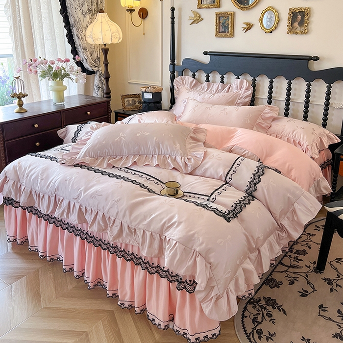 91家纺网 家纺一手货源 找家纺 网红馆（ck家纺）2025新款提花蕾丝边床裙四件套-相思蝶 相思蝶-粉