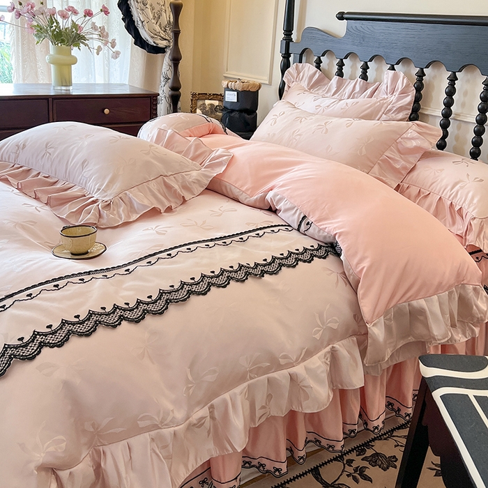 91家纺网 家纺一手货源 找家纺 网红馆（ck家纺）2025新款提花蕾丝边床裙四件套-相思蝶 相思蝶-粉