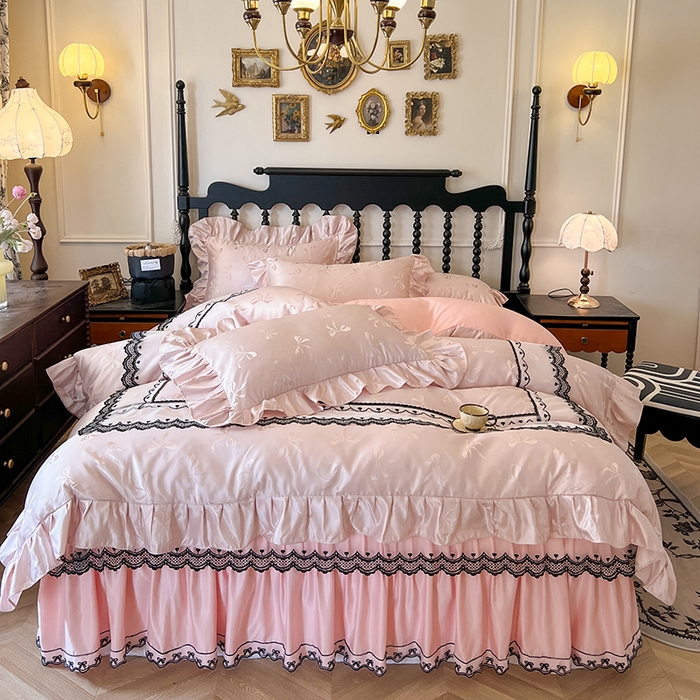 91家纺网 家纺一手货源 找家纺 网红馆（ck家纺）2025新款提花蕾丝边床裙四件套-相思蝶 相思蝶-粉