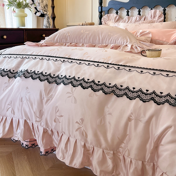 91家纺网 家纺一手货源 找家纺 网红馆（ck家纺）2025新款提花蕾丝边床裙四件套-相思蝶 相思蝶-粉