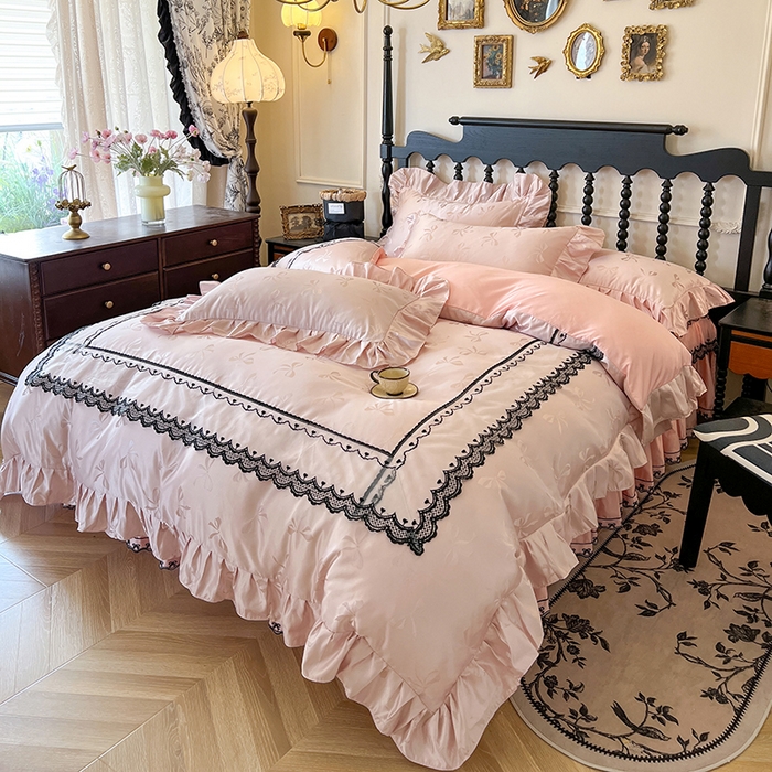 91家纺网 家纺一手货源 找家纺 网红馆（ck家纺）2025新款提花蕾丝边床裙四件套-相思蝶 相思蝶-粉