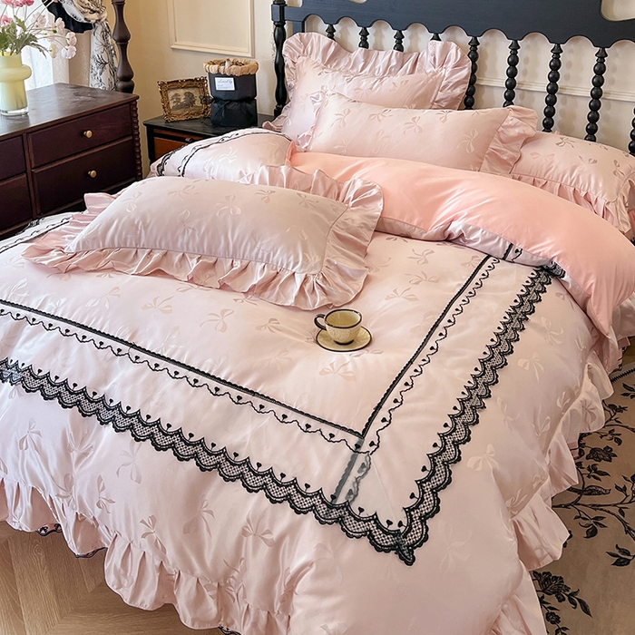 91家纺网 家纺一手货源 找家纺 网红馆（ck家纺）2025新款提花蕾丝边床裙四件套-相思蝶 相思蝶-粉