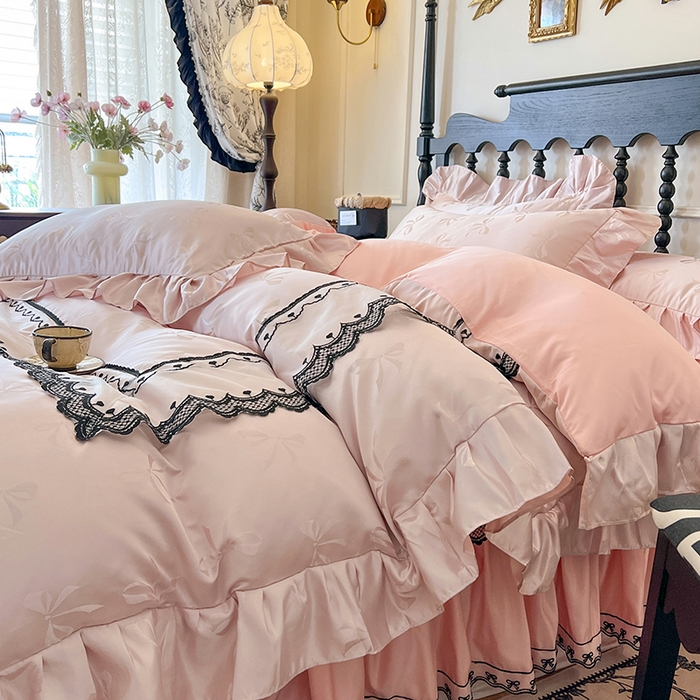 91家纺网 家纺一手货源 找家纺 网红馆（ck家纺）2025新款提花蕾丝边床裙四件套-相思蝶 相思蝶-粉