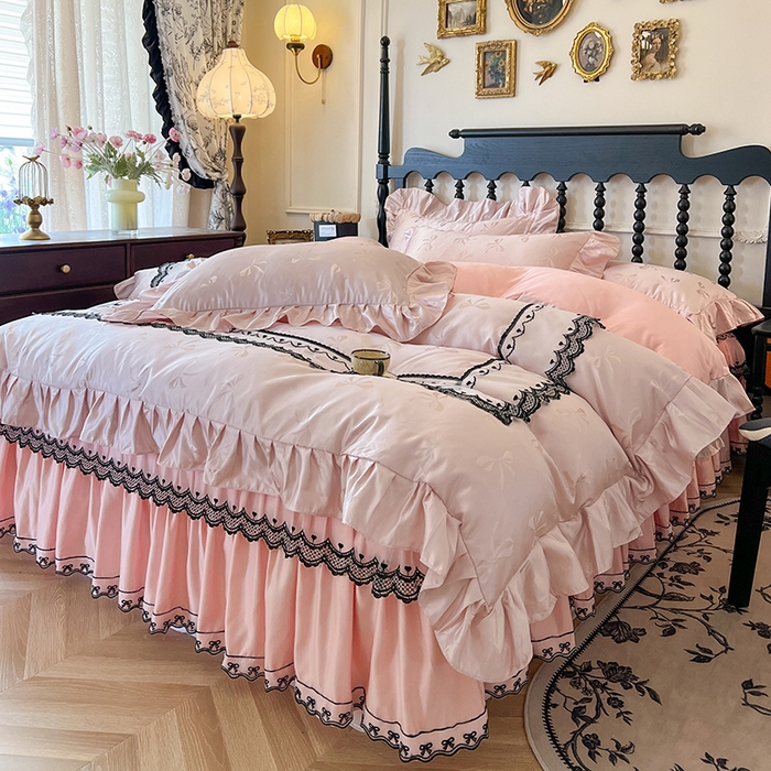 91家纺网 家纺一手货源 找家纺 网红馆（ck家纺）2025新款提花蕾丝边床裙四件套-相思蝶 相思蝶-粉