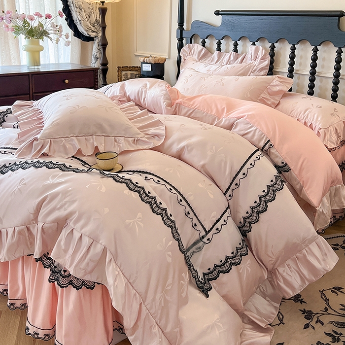 91家纺网 家纺一手货源 找家纺 网红馆（ck家纺）2025新款提花蕾丝边床裙四件套-相思蝶 相思蝶-粉