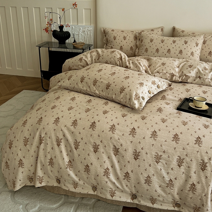 91家纺网 家纺一手货源 找家纺 仟网汇  2025新款亚麻纽扣款四件套 秋意