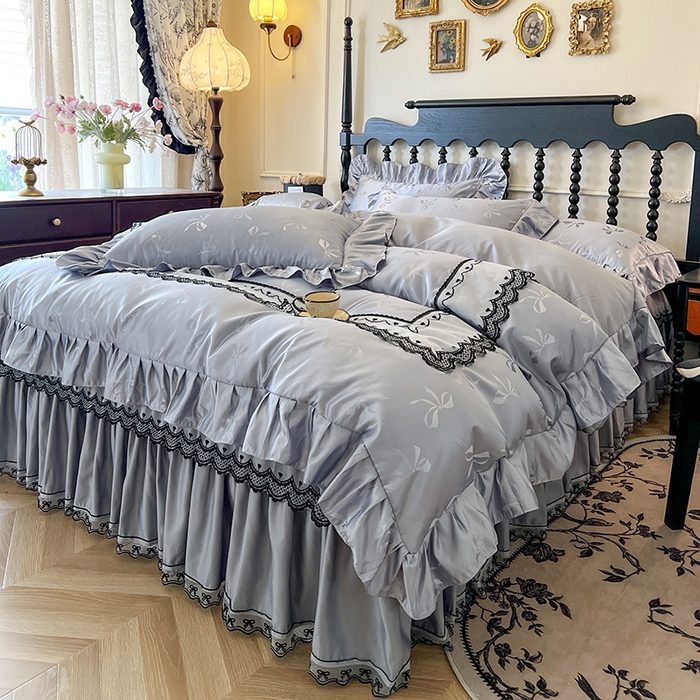 91家纺网 家纺一手货源 找家纺 网红馆（ck家纺）2025新款提花蕾丝边床裙四件套-相思蝶 相思蝶-灰