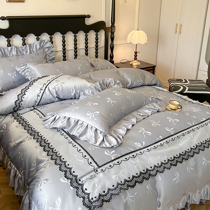 91家纺网 家纺一手货源 找家纺 网红馆（ck家纺）2025新款提花蕾丝边床裙四件套-相思蝶 相思蝶-灰