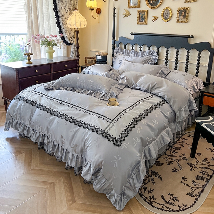 91家纺网 家纺一手货源 找家纺 网红馆（ck家纺）2025新款提花蕾丝边床裙四件套-相思蝶 相思蝶-灰