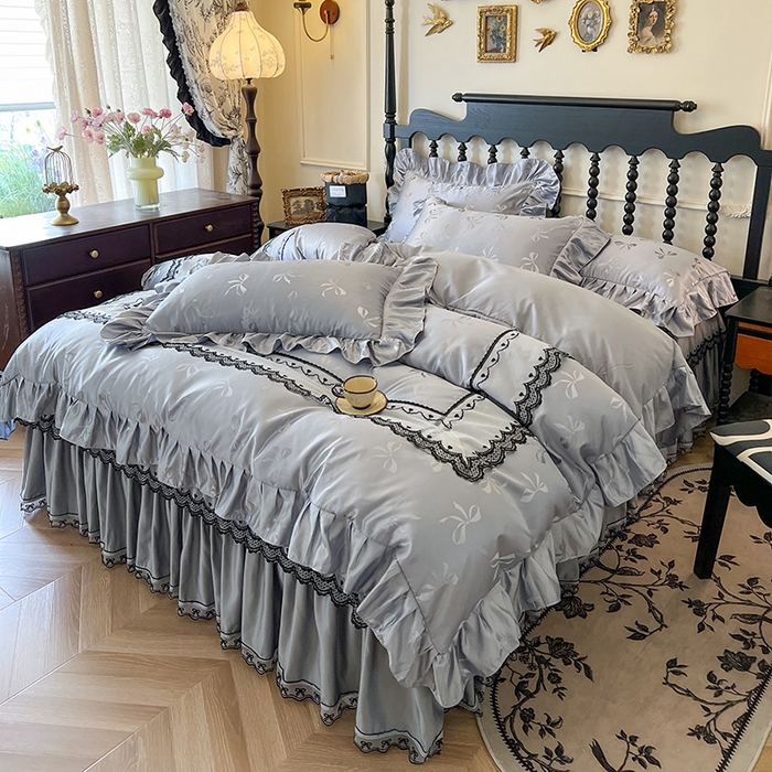 91家纺网 家纺一手货源 找家纺 网红馆（ck家纺）2025新款提花蕾丝边床裙四件套-相思蝶 相思蝶-灰