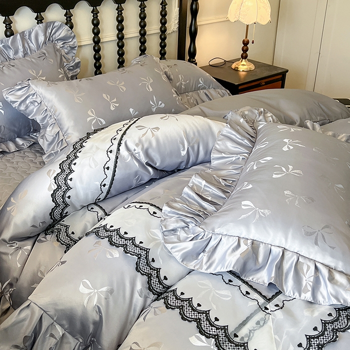 91家纺网 家纺一手货源 找家纺 网红馆（ck家纺）2025新款提花蕾丝边床裙四件套-相思蝶 相思蝶-灰