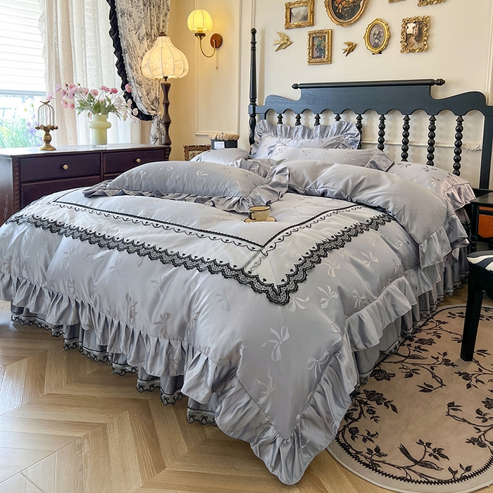 91家纺网 家纺一手货源 找家纺 网红馆（ck家纺）2025新款提花蕾丝边床裙四件套-相思蝶 相思蝶-灰