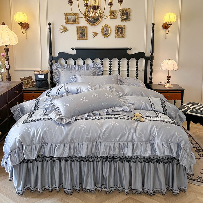 91家纺网 家纺一手货源 找家纺 网红馆（ck家纺）2025新款提花蕾丝边床裙四件套-相思蝶 相思蝶-灰