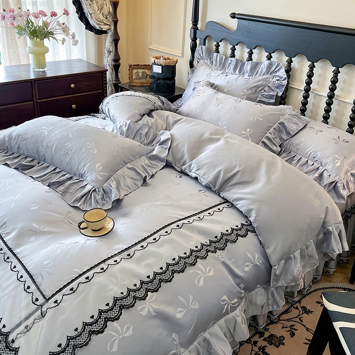 91家纺网 家纺一手货源 找家纺 网红馆（ck家纺）2025新款提花蕾丝边床裙四件套-相思蝶 相思蝶-灰