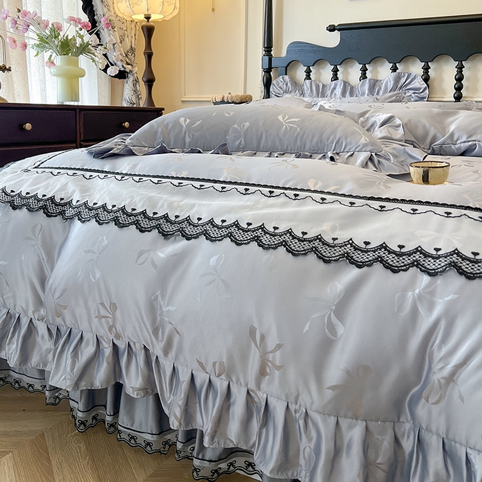 91家纺网 家纺一手货源 找家纺 网红馆（ck家纺）2025新款提花蕾丝边床裙四件套-相思蝶 相思蝶-灰