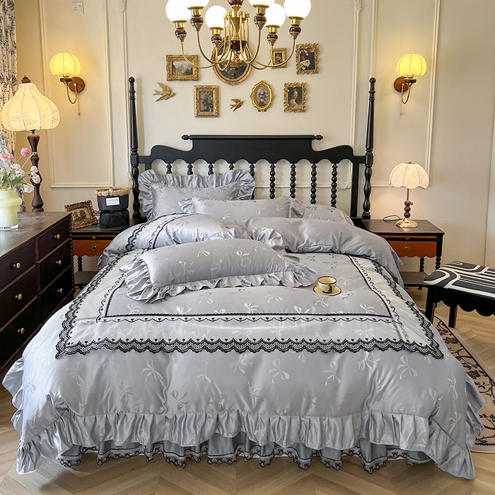 91家纺网 家纺一手货源 找家纺 网红馆（ck家纺）2025新款提花蕾丝边床裙四件套-相思蝶 相思蝶-灰