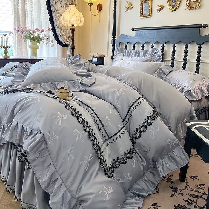 91家纺网 家纺一手货源 找家纺 网红馆（ck家纺）2025新款提花蕾丝边床裙四件套-相思蝶 相思蝶-灰