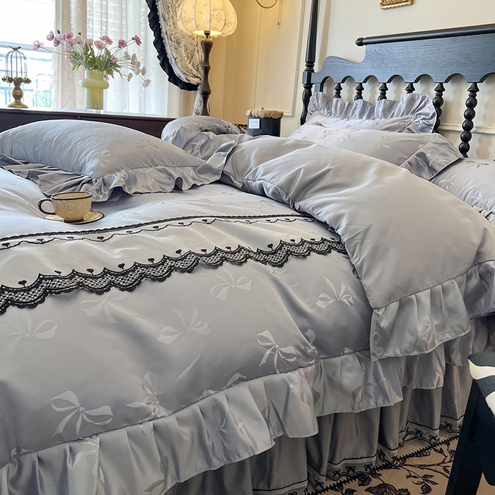 91家纺网 家纺一手货源 找家纺 网红馆（ck家纺）2025新款提花蕾丝边床裙四件套-相思蝶 相思蝶-灰