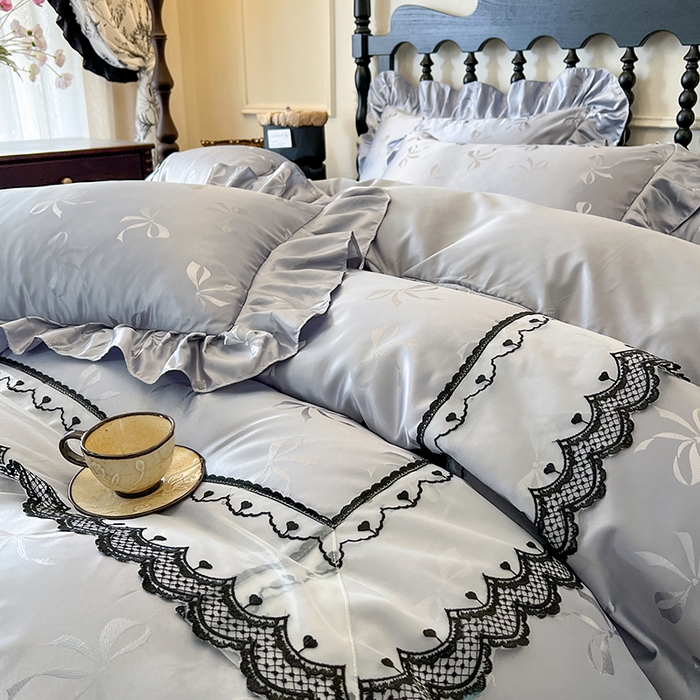 91家纺网 家纺一手货源 找家纺 网红馆（ck家纺）2025新款提花蕾丝边床裙四件套-相思蝶 相思蝶-灰