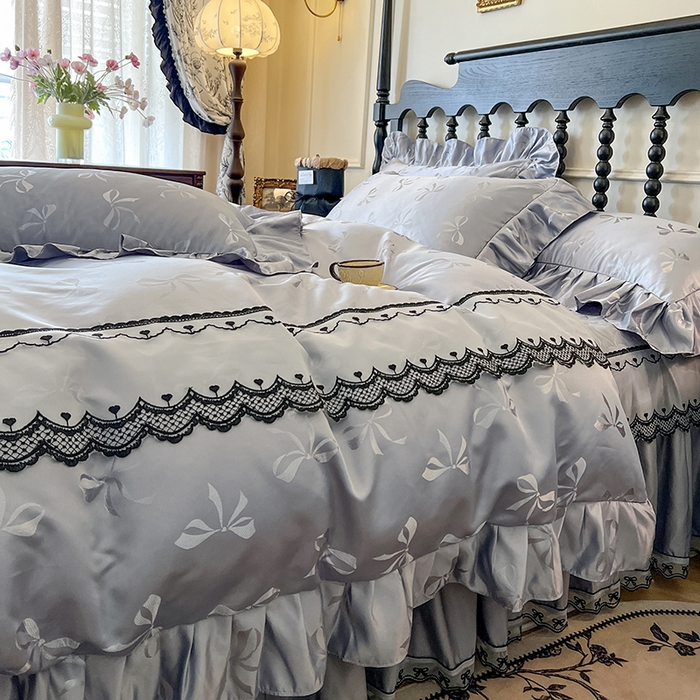 91家纺网 家纺一手货源 找家纺 网红馆（ck家纺）2025新款提花蕾丝边床裙四件套-相思蝶 相思蝶-灰