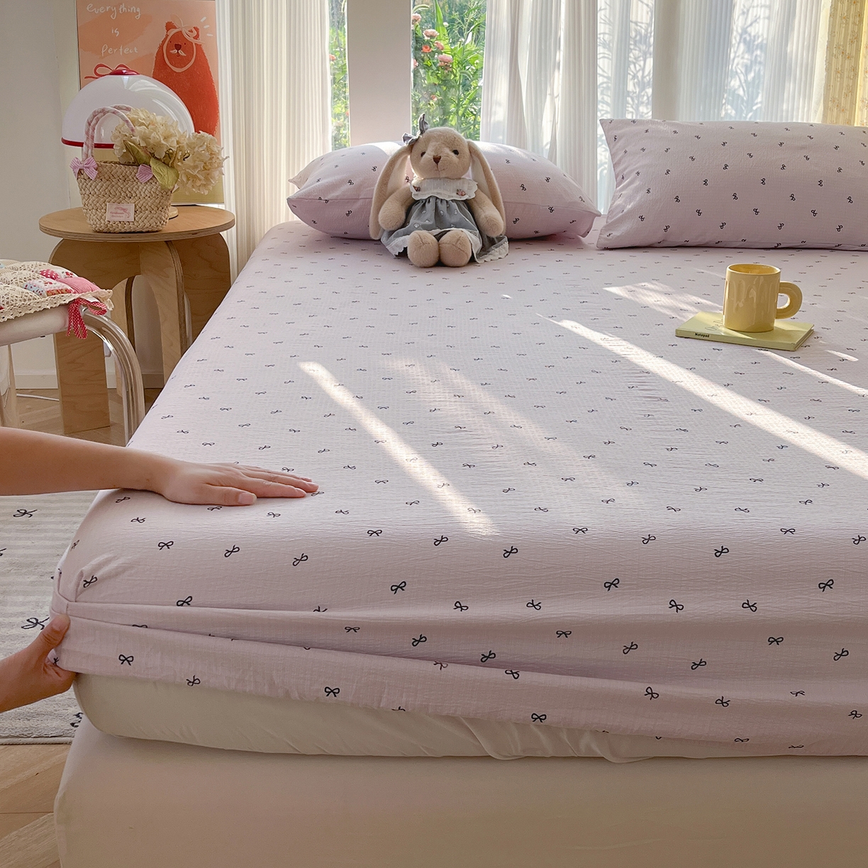 91家纺网 家纺一手货源 找家纺 沐芷 2025 沐芷A类双层纱床笠单件/床笠三件套  床笠款床罩床垫保护套罩 小紫情调