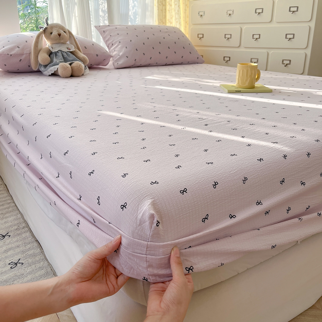 91家纺网 家纺一手货源 找家纺 沐芷 2025 沐芷A类双层纱床笠单件/床笠三件套  床笠款床罩床垫保护套罩 小紫情调